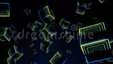 三维多边形立方块下落的无缝动画。 霓虹灯背景下的几何方块运动图形运动